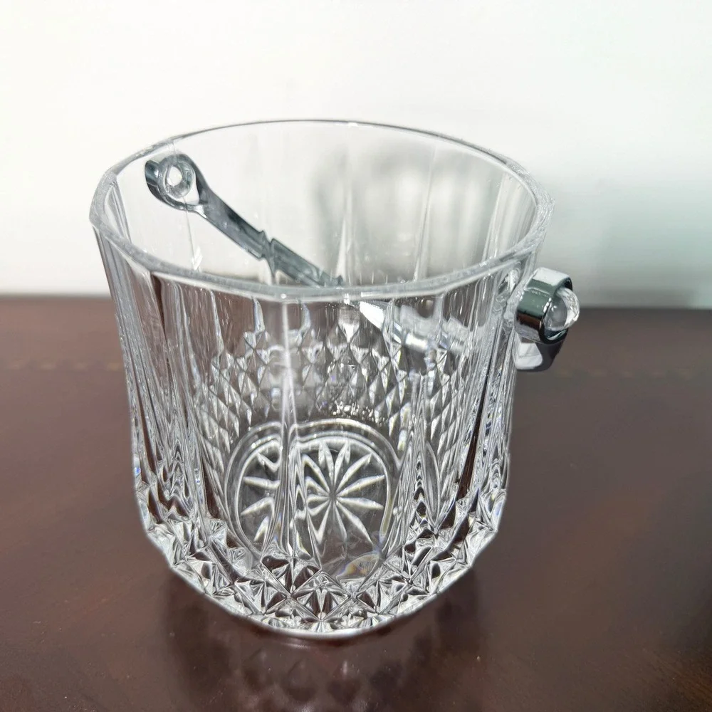 Vintage Cut Crystal Ice Bucket Chrome Handle & Tongs Starburst MCM Barware 5